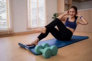 自宅で筋トレする女性